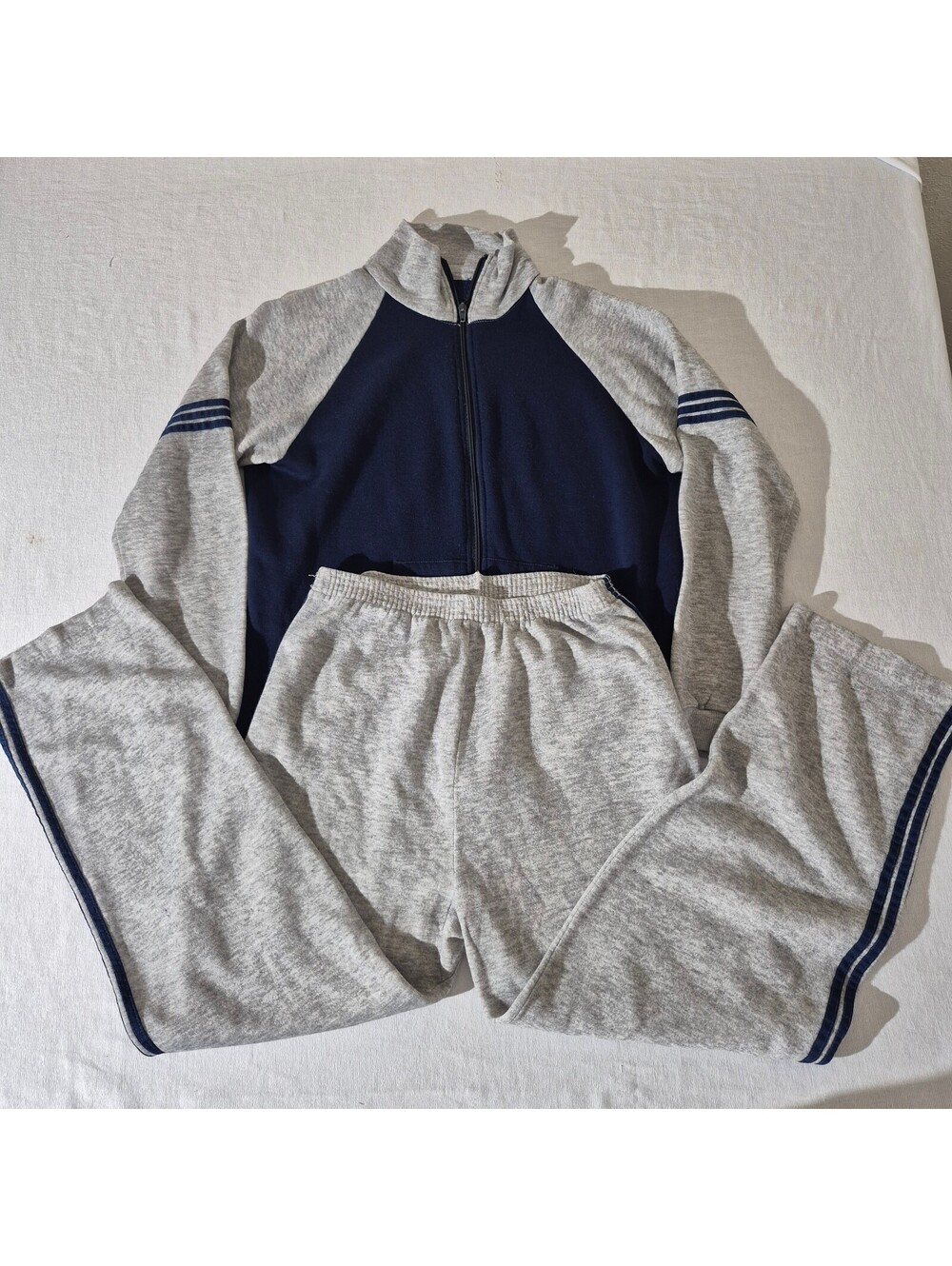 70s 80s Vintage Warm Up L Large Sweat Suit Navy Gray Full-Zip Track
